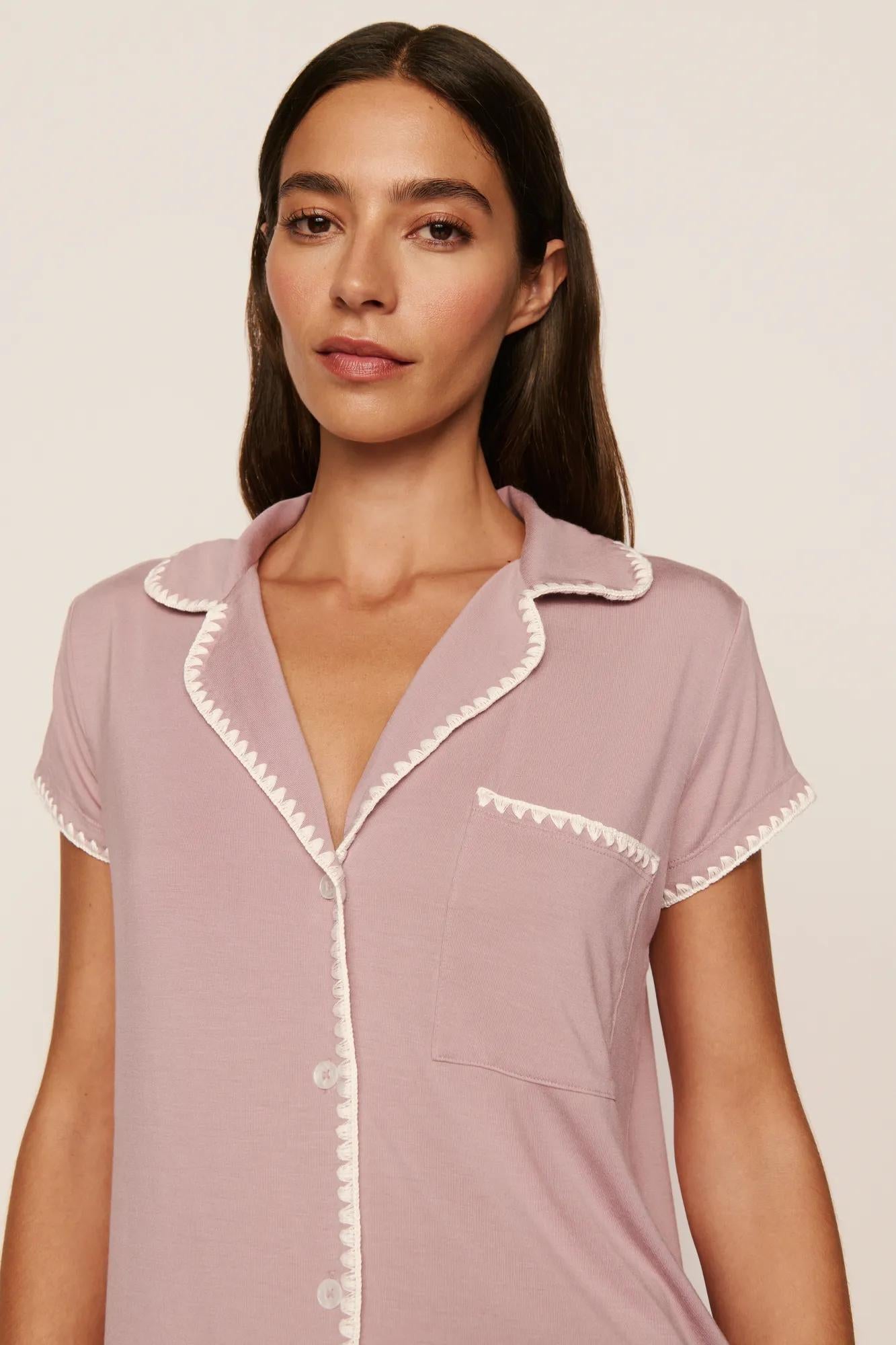 Model is wearing Frida TENCEL™ Modal Shortie Short PJ Set in Woodrose/Ivory
