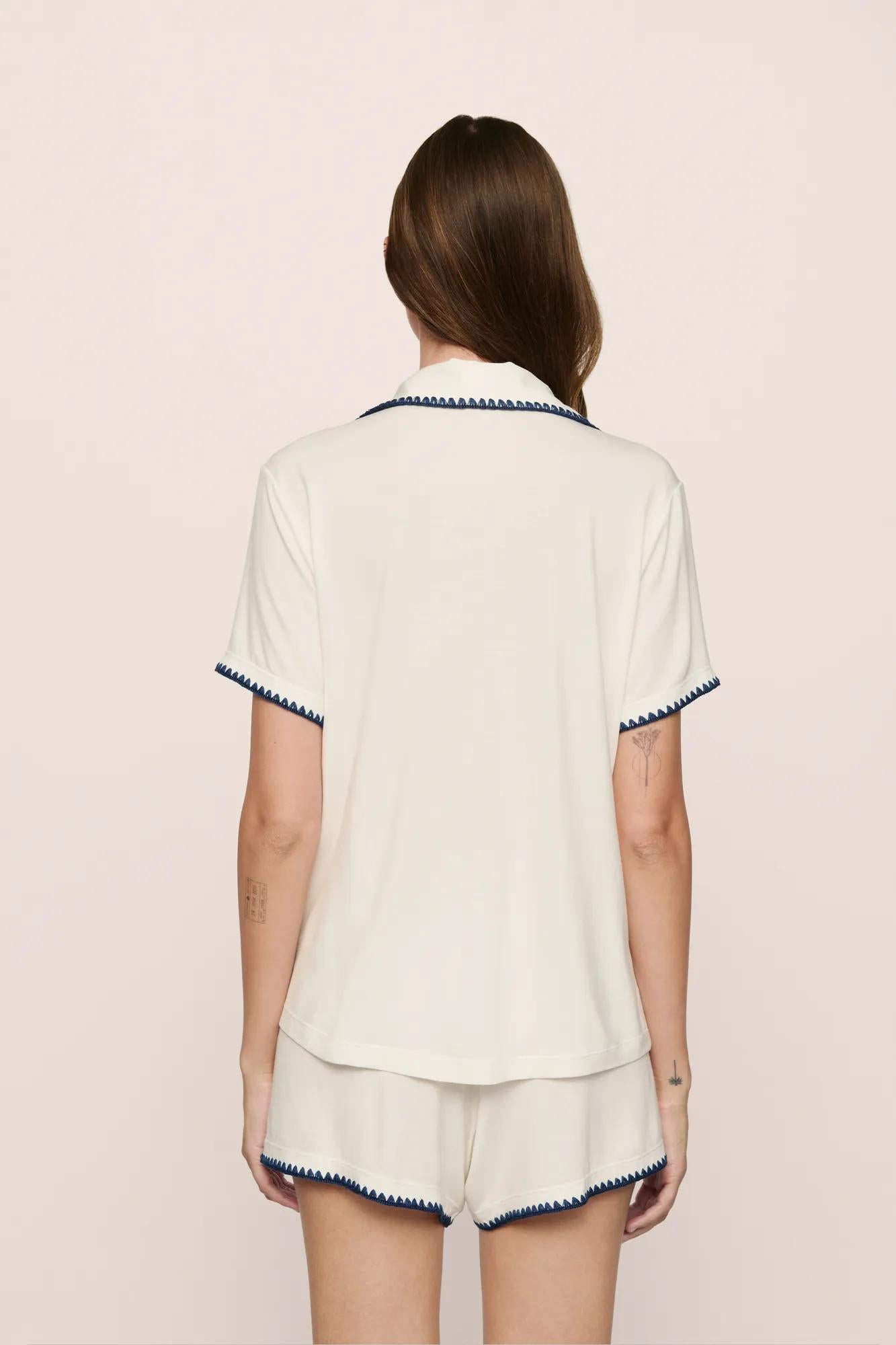 Model is wearing Frida TENCEL™ Modal Relaxed Short PJ Set in Ivory/Navy