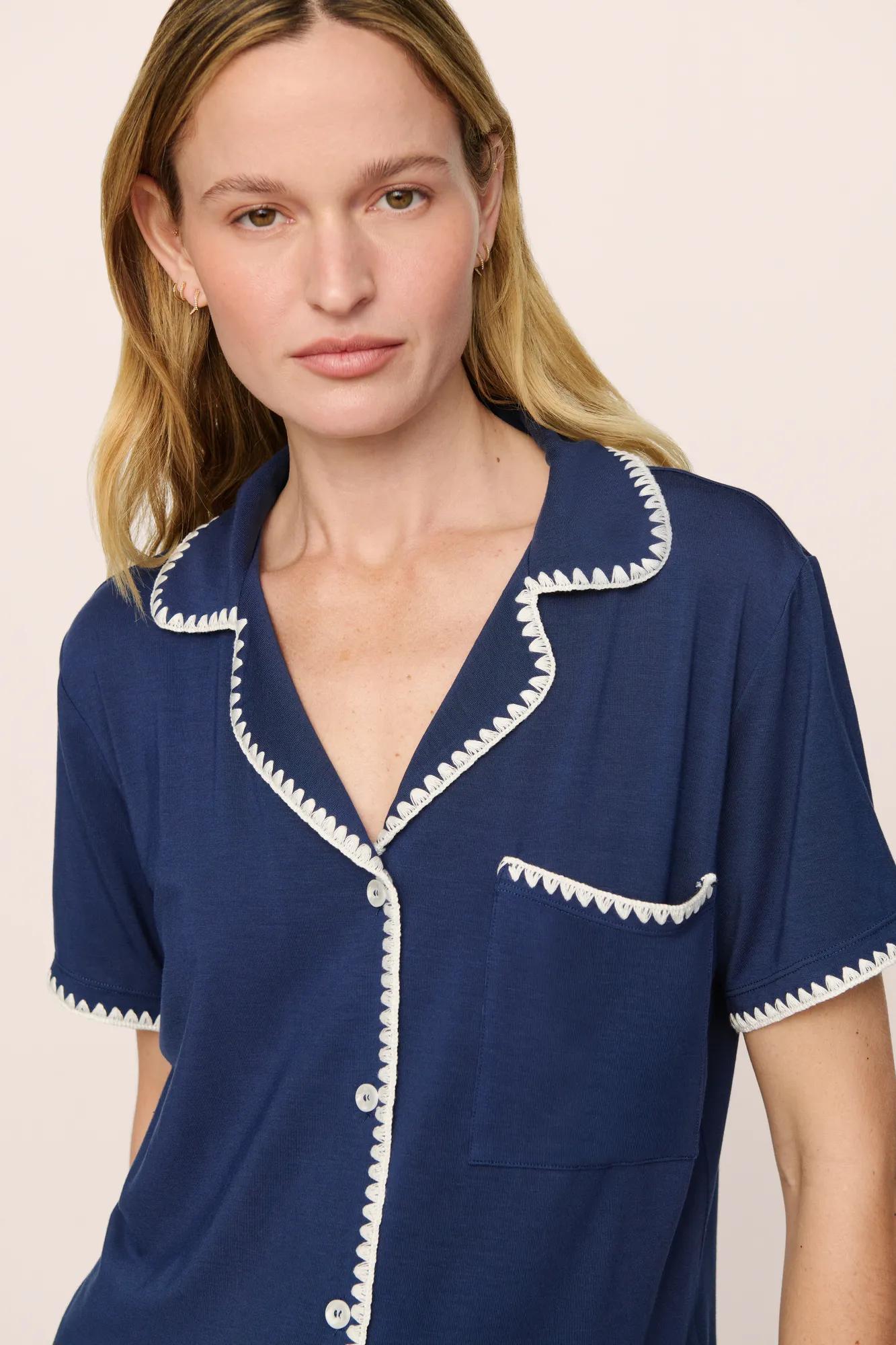 Model is wearing Frida TENCEL™ Modal Relaxed Short PJ Set in Navy/Ivory
