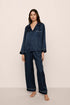 Model is wearing Inez Washable Silk Jacquard Long PJ Set in ClassicStripeJacquardNv/Iv