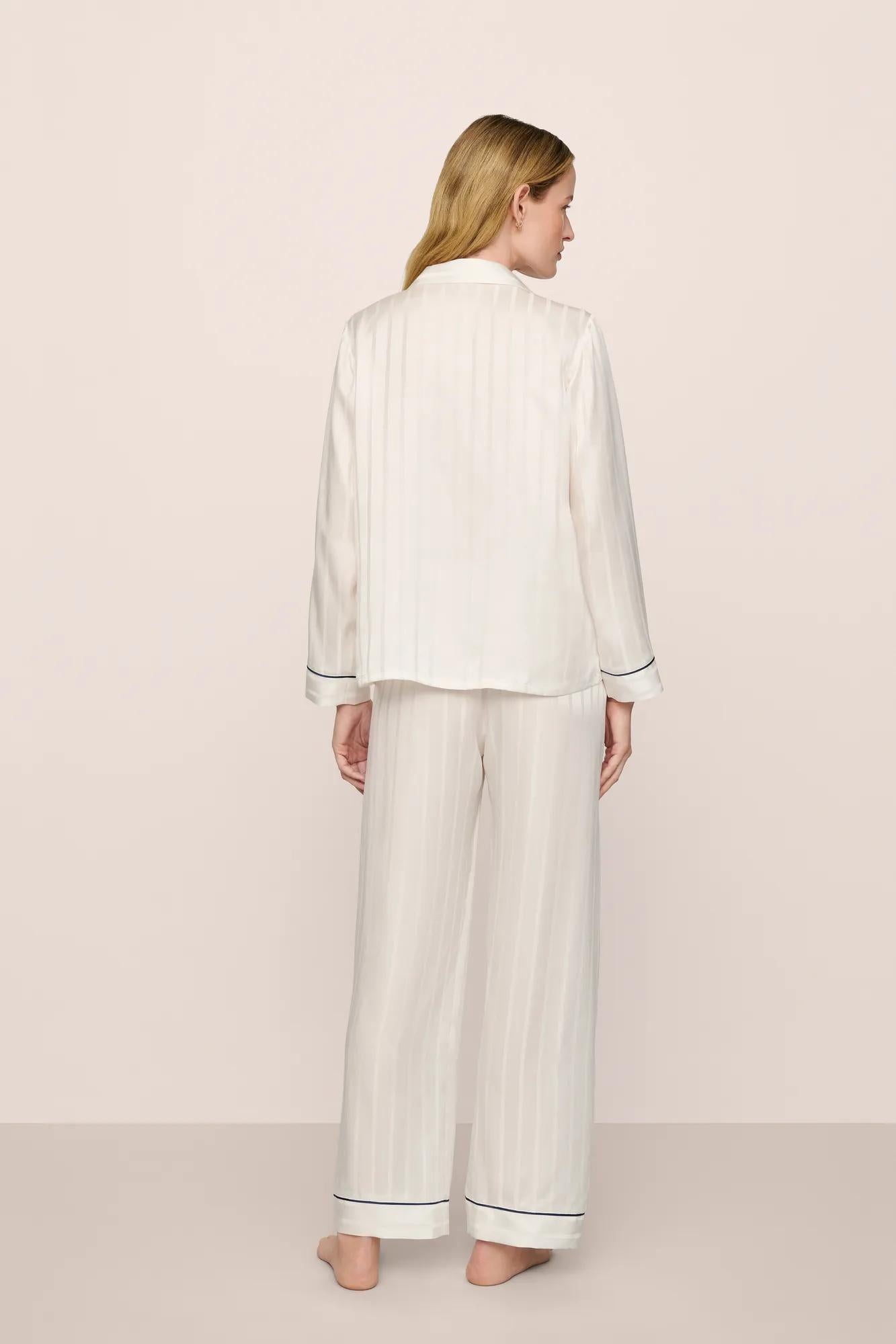 Model is wearing Inez Washable Silk Jacquard Long PJ Set in ClassicStripeJacquardPea/Na
