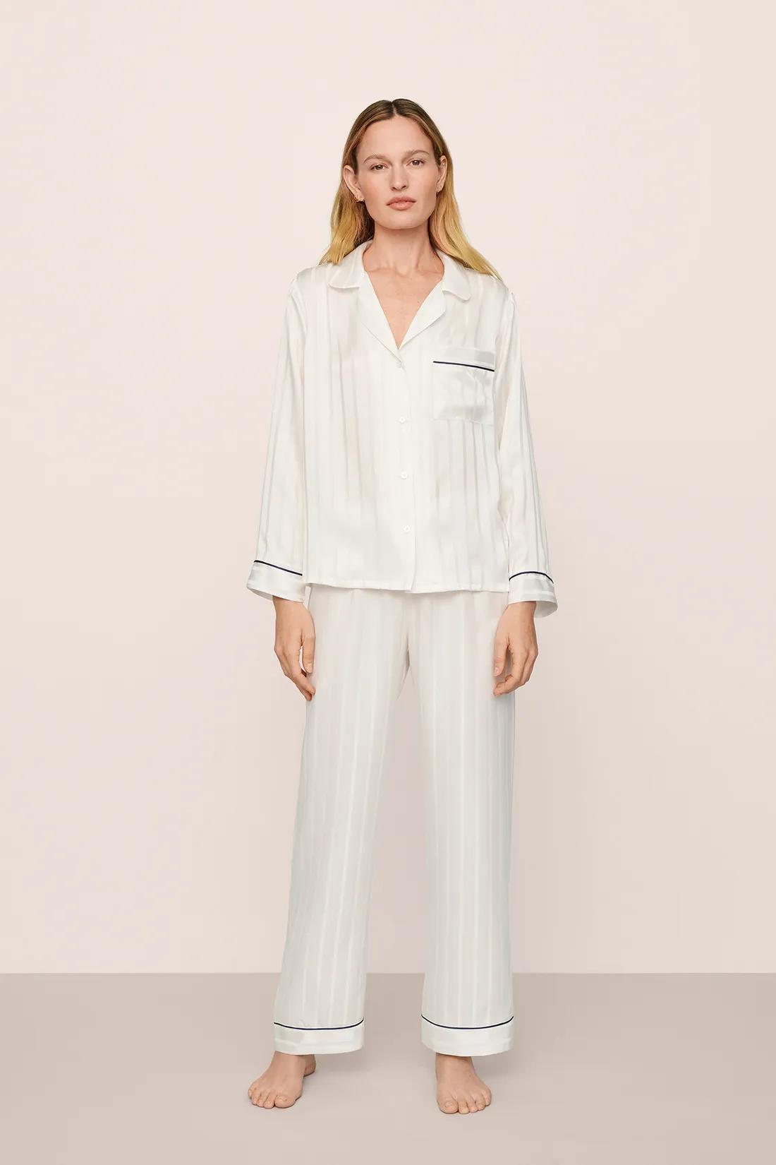 Model is wearing Inez Washable Silk Jacquard Long PJ Set in ClassicStripeJacquardPea/Na