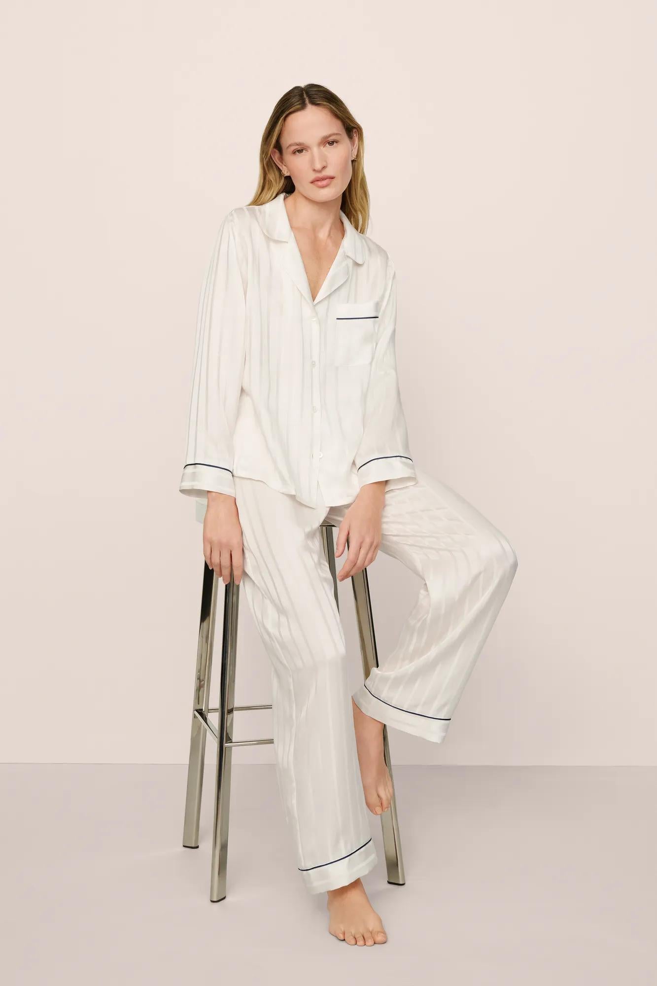 Model is wearing Inez Washable Silk Jacquard Long PJ Set in ClassicStripeJacquardPea/Na