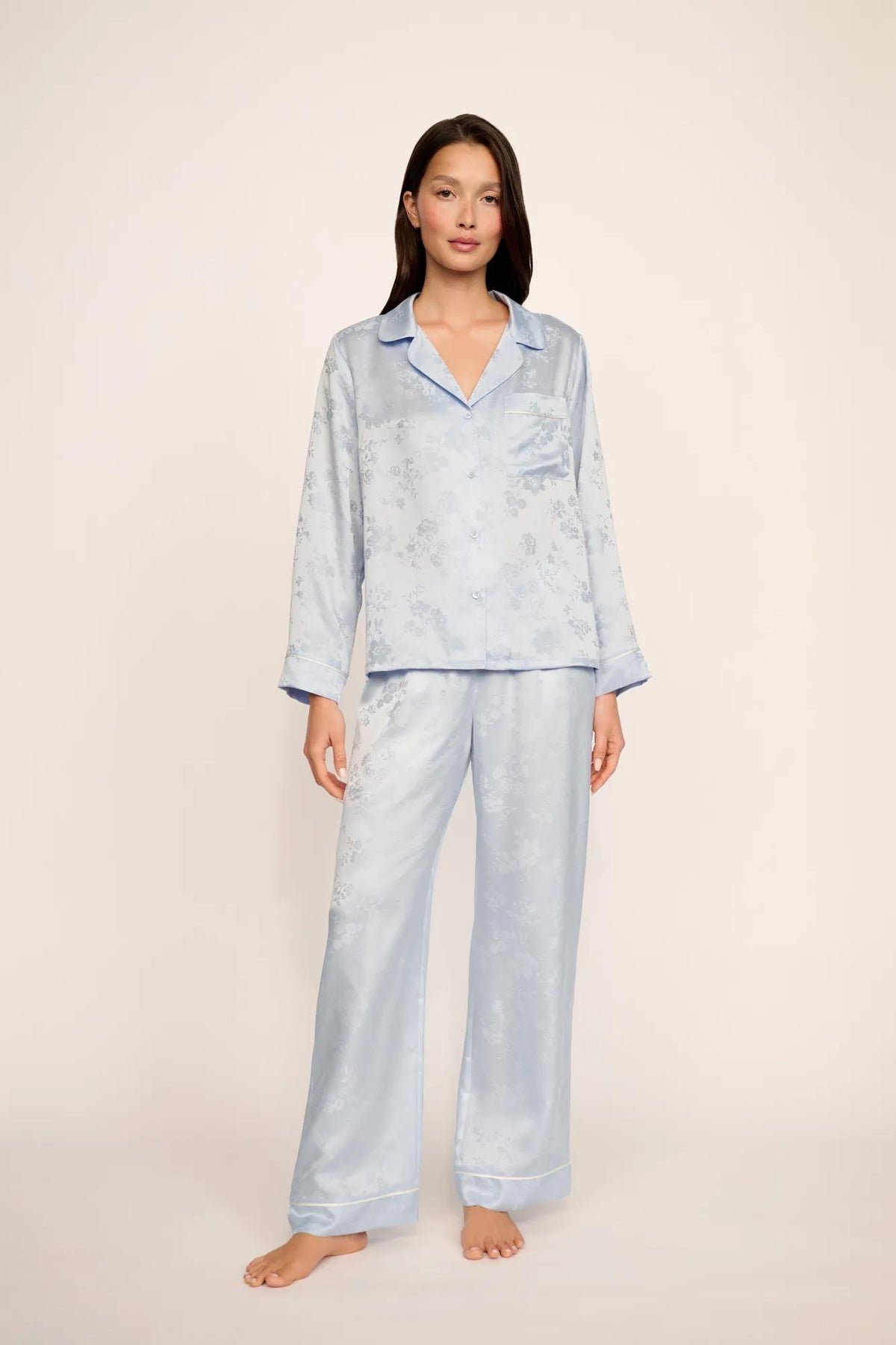 Model is wearing Inez Washable Silk Jacquard Long PJ Set in Floral Vine Powder Blue/Ivory