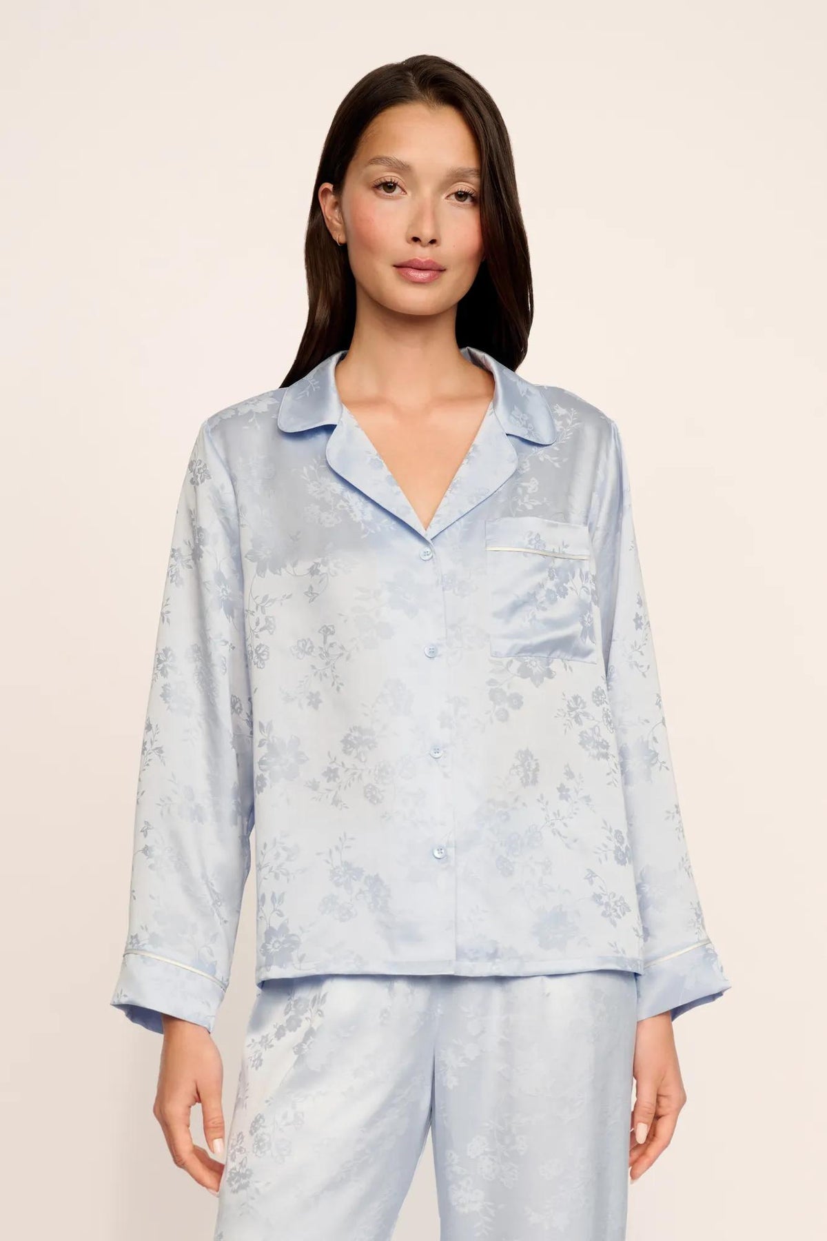 Model is wearing Inez Washable Silk Jacquard Long PJ Set in Floral Vine Powder Blue/Ivory