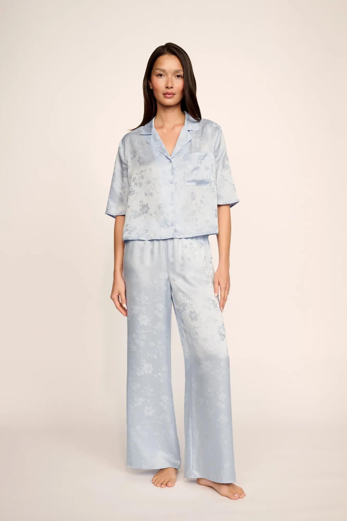 Model is wearing Inez Washable Silk Jacquard Relaxed Wide Leg Pant PJ Set in Floral Vine Powder Blue