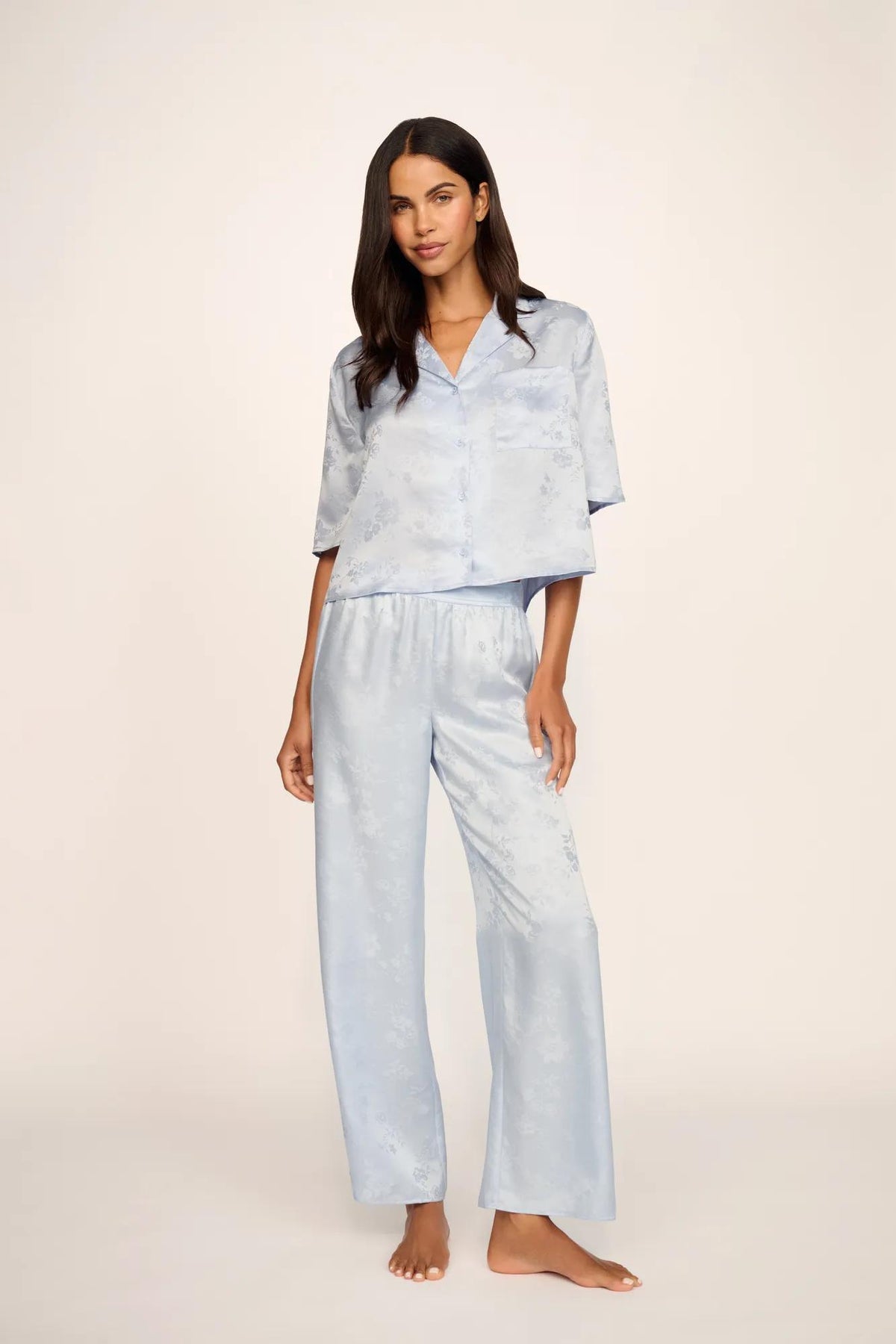 Model is wearing Inez Washable Silk Jacquard Relaxed Wide Leg Pant PJ Set in Floral Vine Powder Blue
