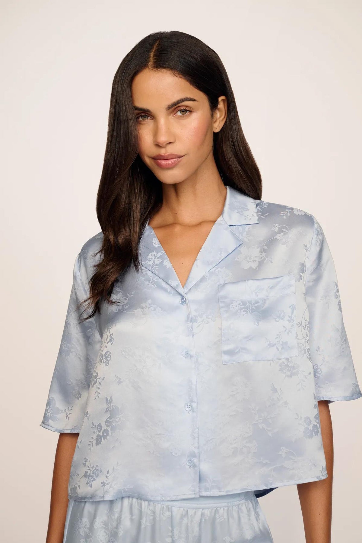 Model is wearing Inez Washable Silk Jacquard Relaxed Wide Leg Pant PJ Set in Floral Vine Powder Blue