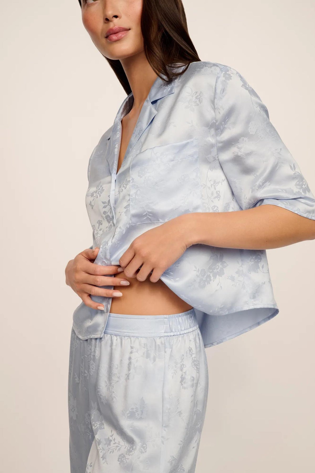 Model is wearing Inez Washable Silk Jacquard Relaxed Wide Leg Pant PJ Set in Floral Vine Powder Blue