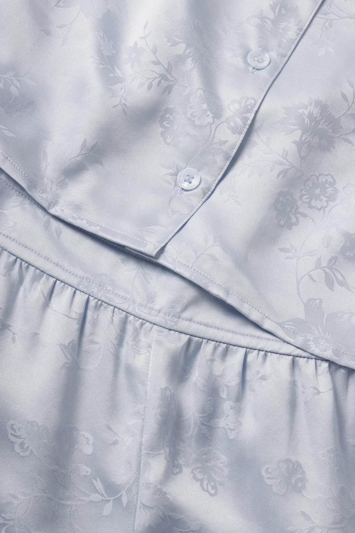 Model is wearing Inez Washable Silk Jacquard Relaxed Wide Leg Pant PJ Set in Floral Vine Powder Blue