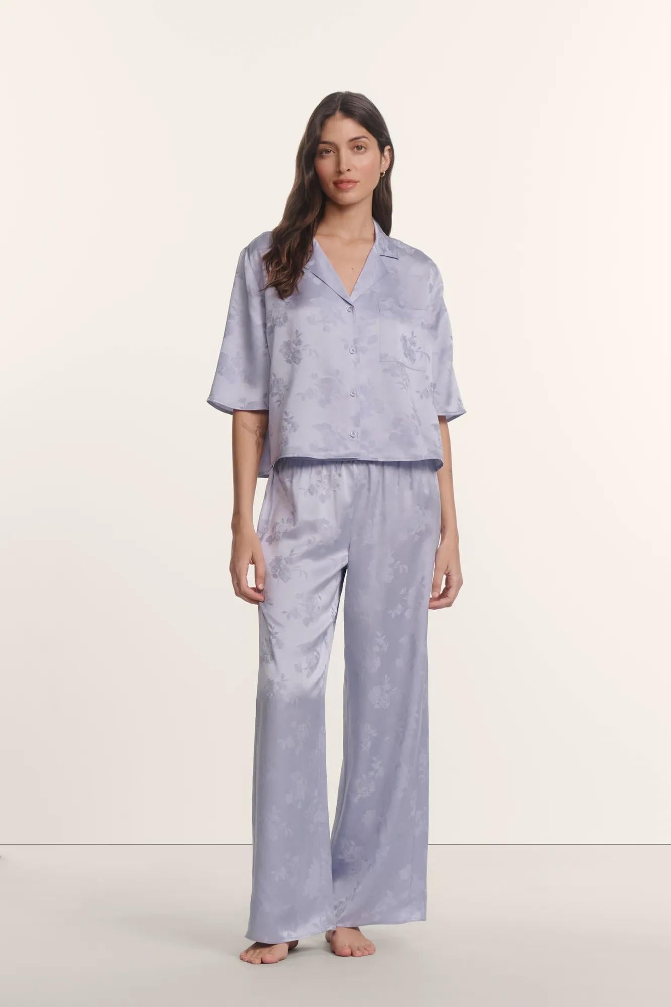 Model is wearing Inez Washable Silk Jacquard Relaxed Wide Leg Pant PJ Set in Rose Garden Lavender Dusk