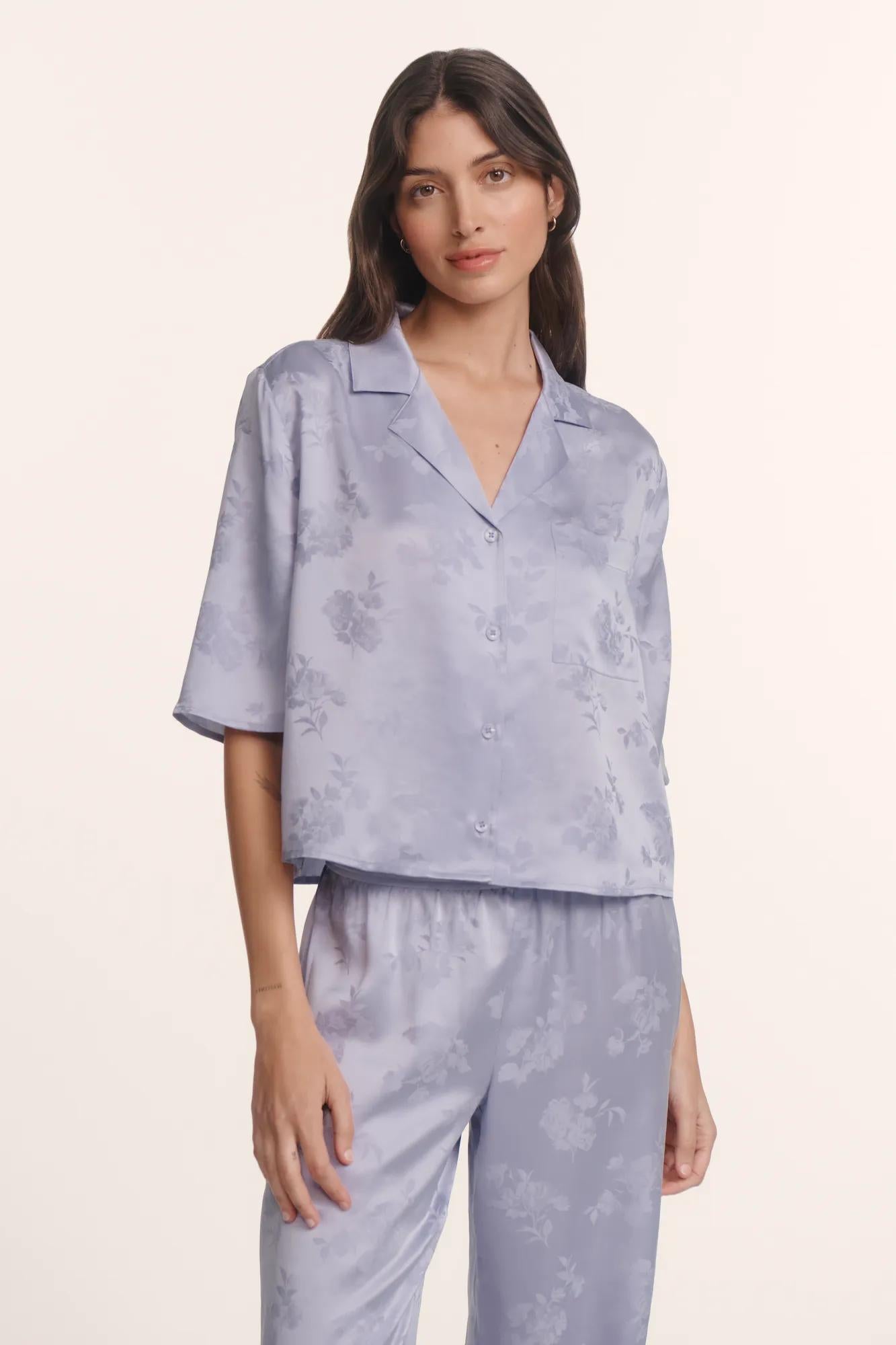 Model is wearing Inez Washable Silk Jacquard Relaxed Wide Leg Pant PJ Set in Rose Garden Lavender Dusk