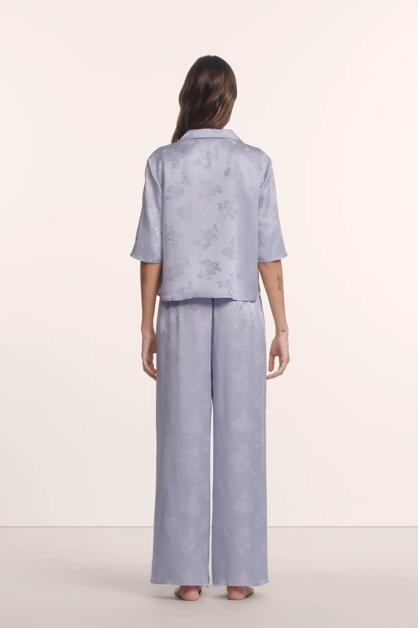 Model is wearing Inez Washable Silk Jacquard Relaxed Wide Leg Pant PJ Set in Rose Garden Lavender Dusk