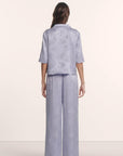Model is wearing Inez Washable Silk Jacquard Relaxed Wide Leg Pant PJ Set in Rose Garden Lavender Dusk