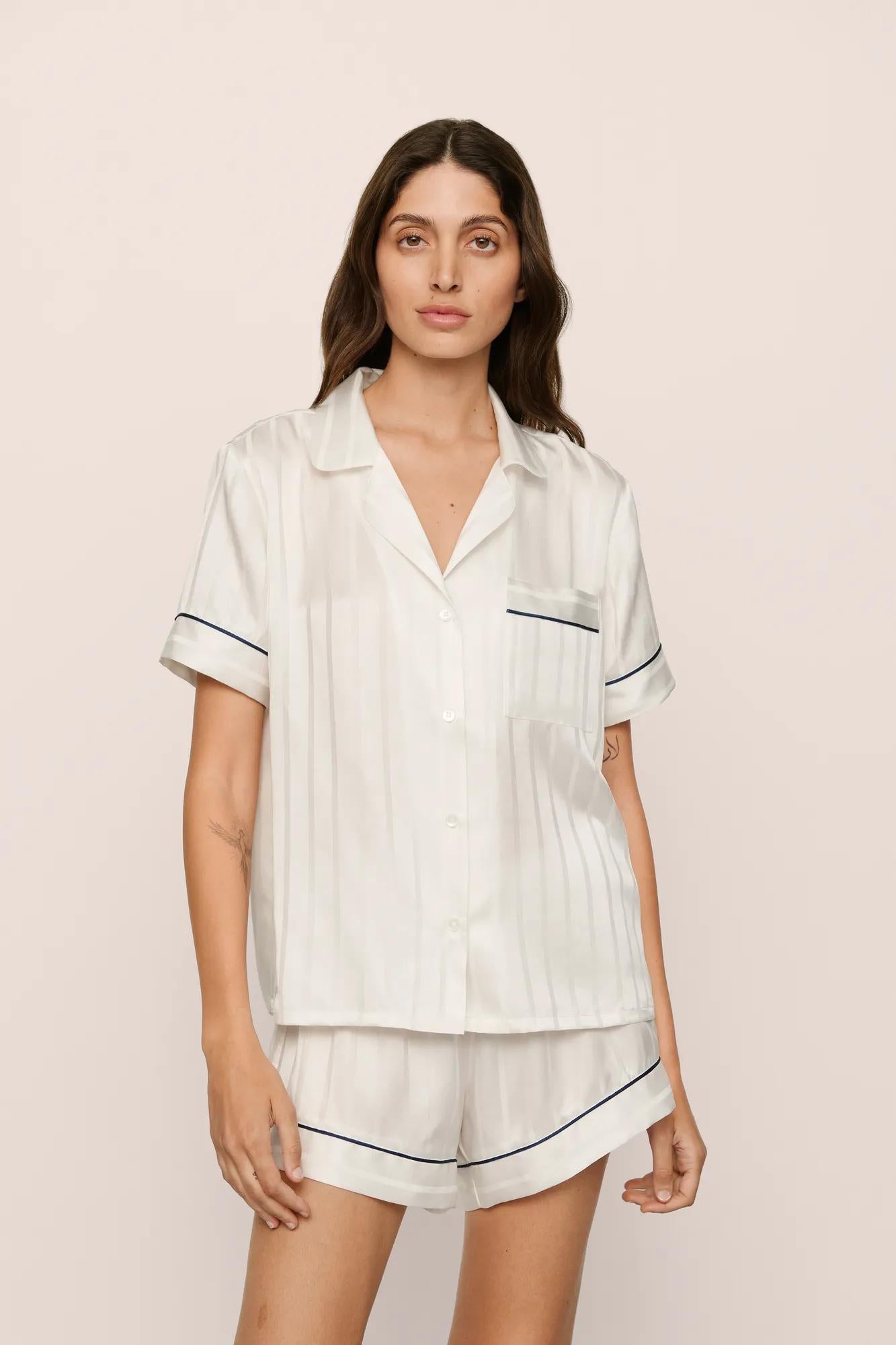 Model is wearing Inez Washable Silk Jacquard Short PJ Set in ClassicStripeJacquardPea/Na