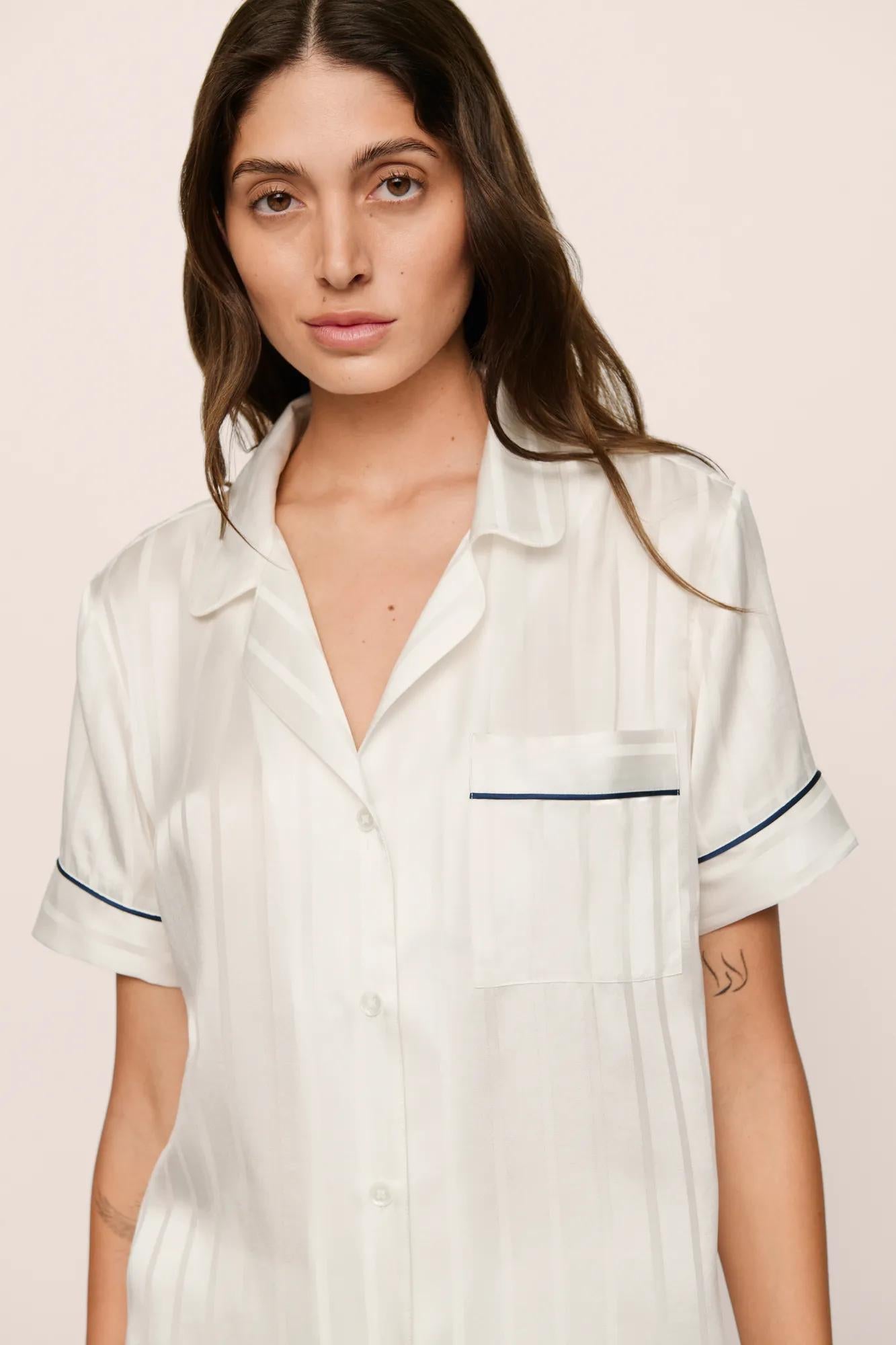 Model is wearing Inez Washable Silk Jacquard Short PJ Set in ClassicStripeJacquardPea/Na