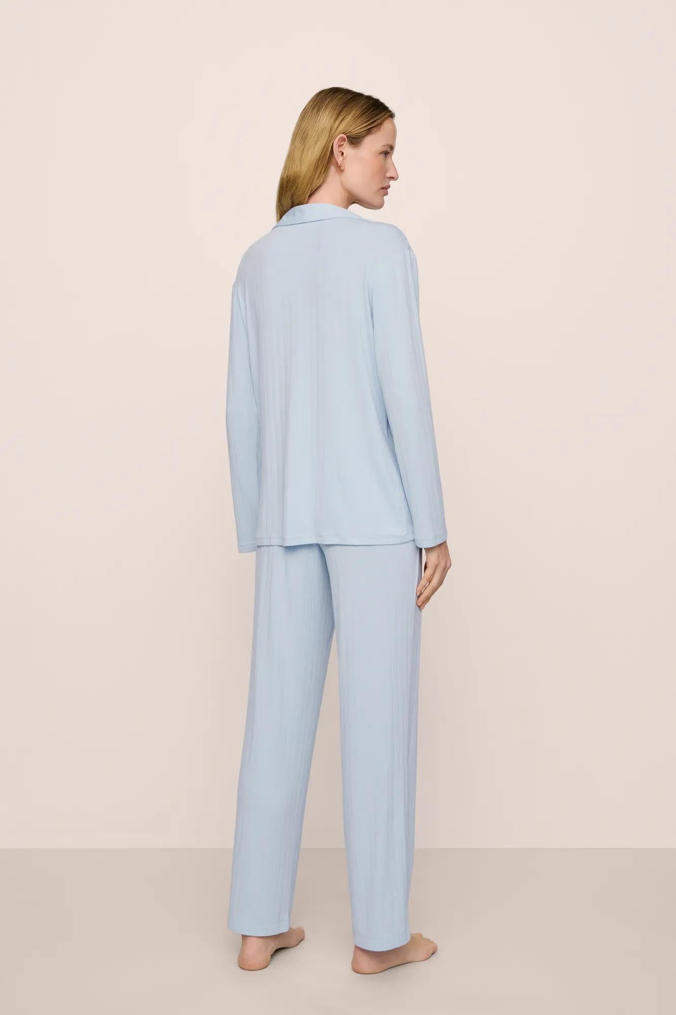 Model is wearing Gisele TENCEL™ Modal Rib Long PJ Set in NantucketBreeze