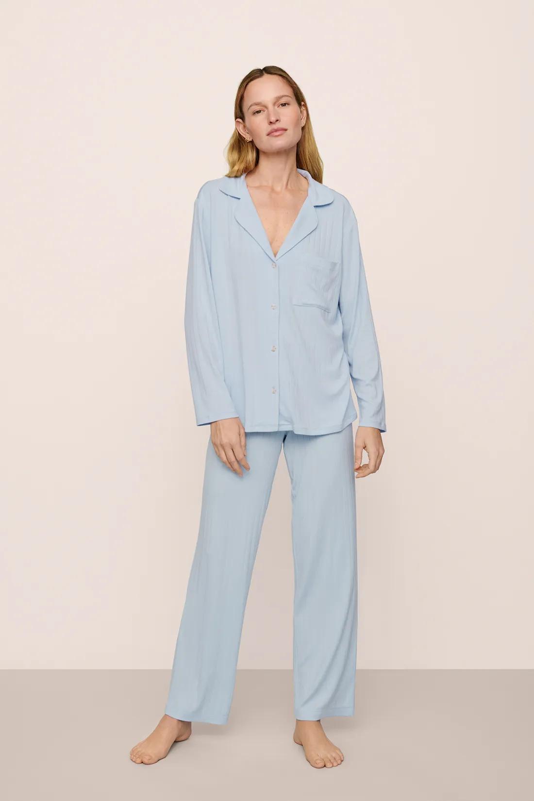 Model is wearing Gisele TENCEL™ Modal Rib Long PJ Set in NantucketBreeze