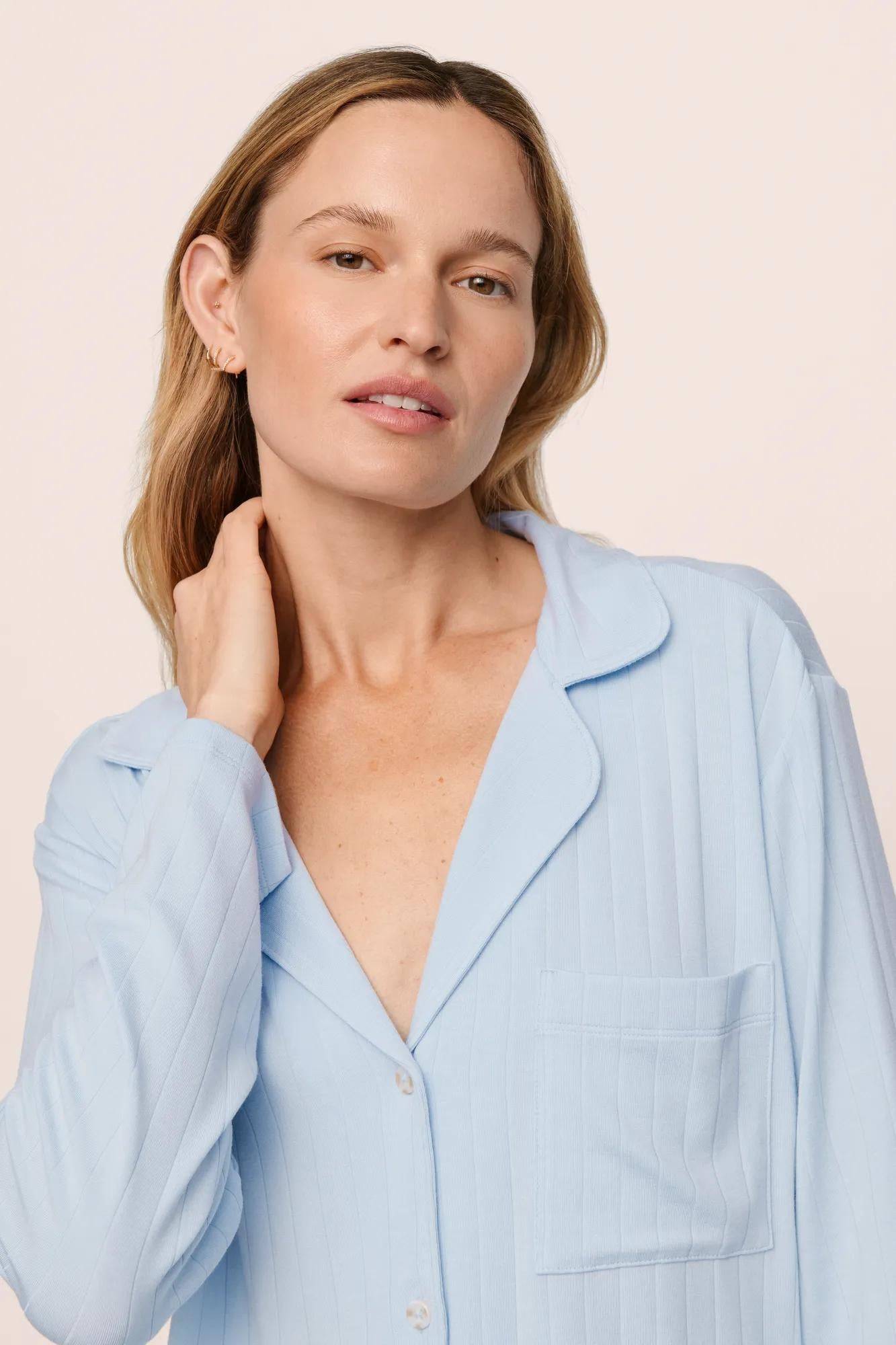 Model is wearing Gisele TENCEL™ Modal Rib Long PJ Set in NantucketBreeze
