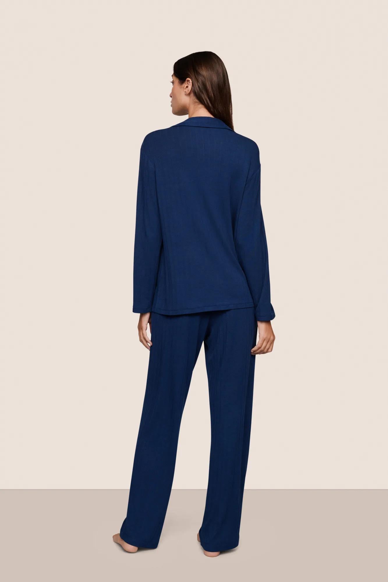 Model is wearing Gisele TENCEL™ Modal Rib Long PJ Set  in Navy