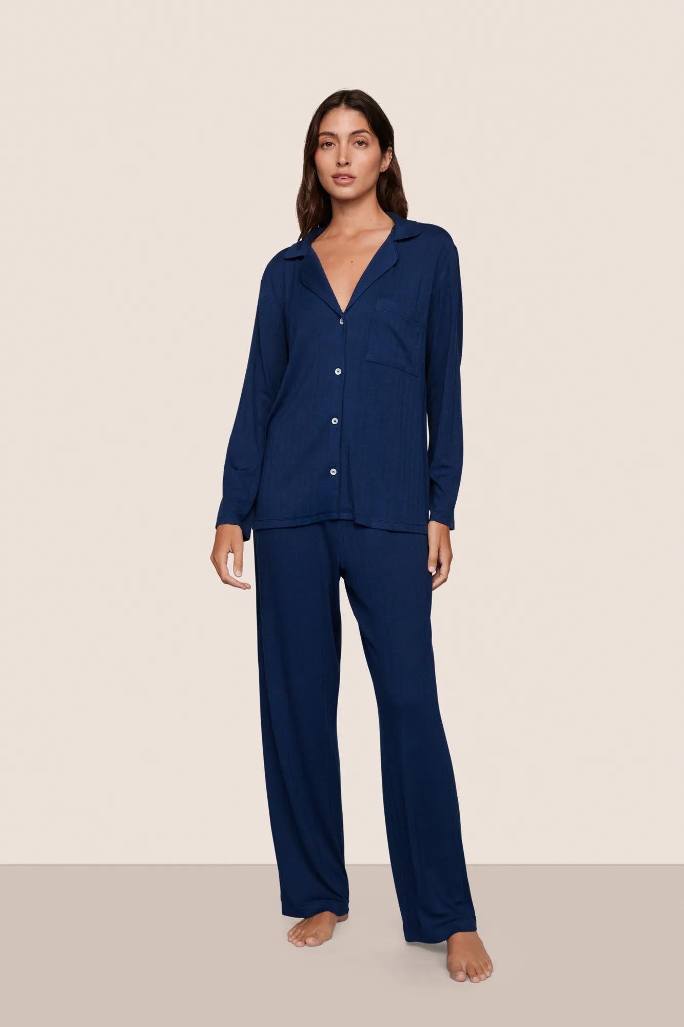 Model is wearing Gisele TENCEL™ Modal Rib Long PJ Set  in Navy