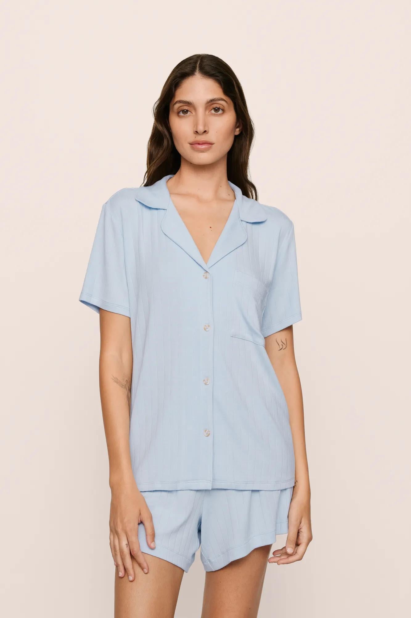 Model is wearing Gisele TENCEL™ Modal Rib Relaxed Short PJ Set in NantucketBreeze
