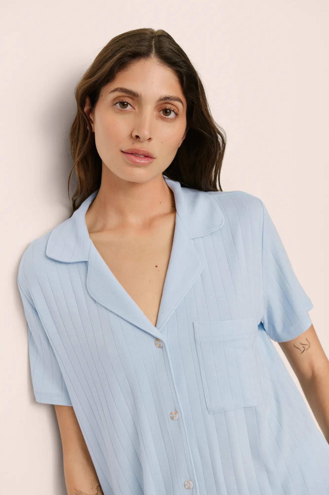 Model is wearing Gisele TENCEL™ Modal Rib Relaxed Short PJ Set in NantucketBreeze