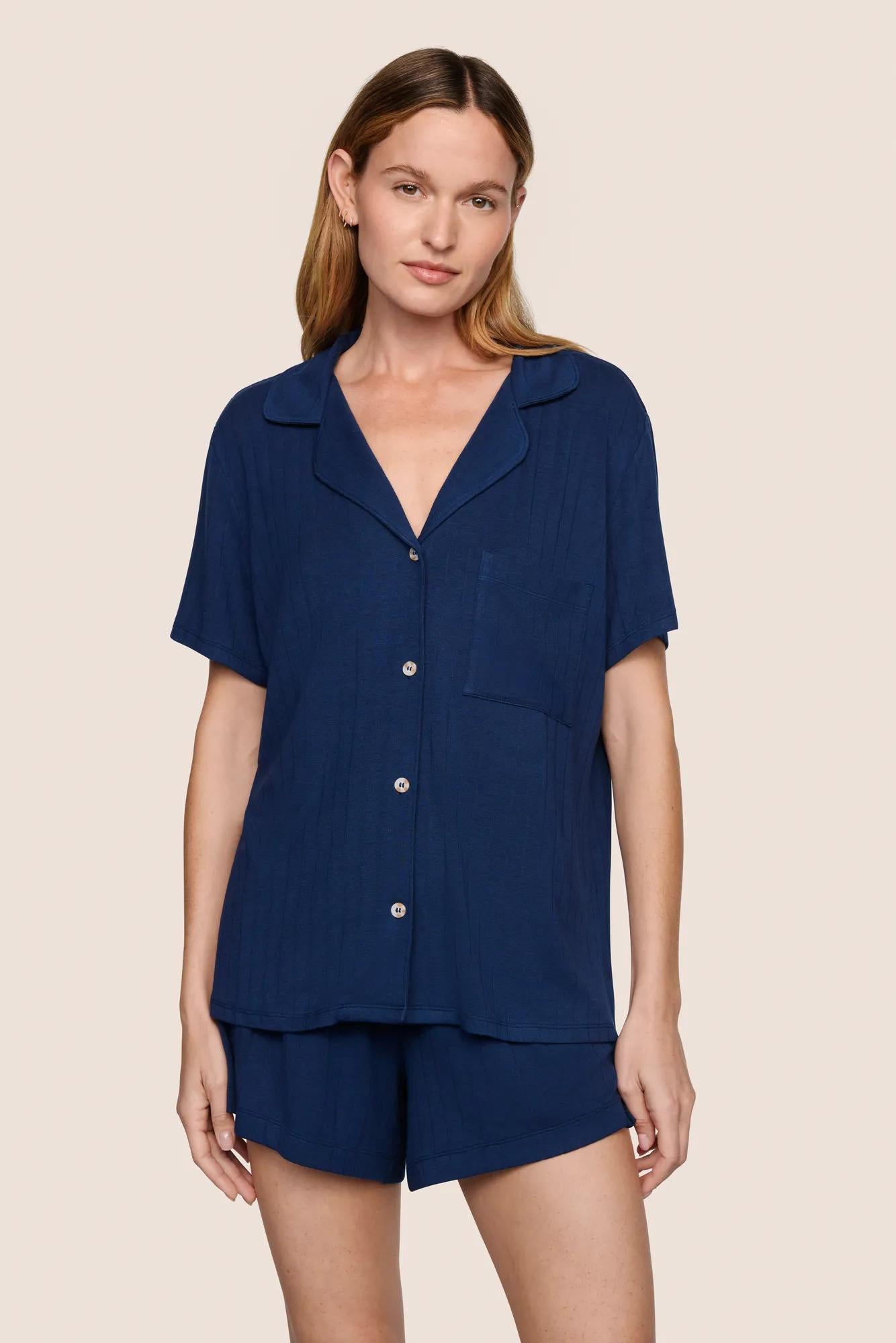 Model is wearing Gisele TENCEL™ Modal Rib Relaxed Short PJ Set  in Navy