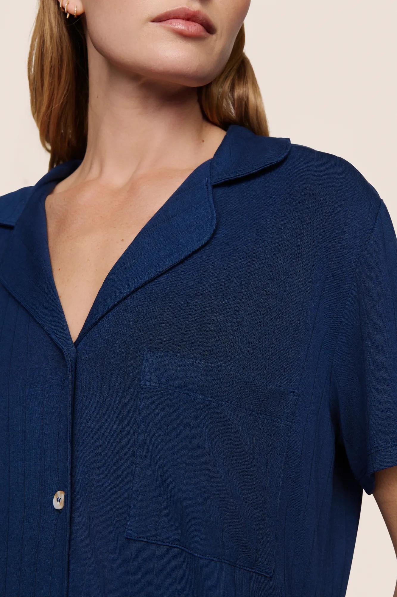 Model is wearing Gisele TENCEL™ Modal Rib Relaxed Short PJ Set  in Navy