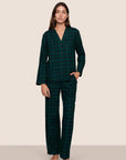 Model is wearing Flannel Long PJ Set  in Blk Watch Tartan Rainforest/Na
