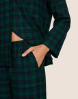 Model is wearing Flannel Long PJ Set  in Blk Watch Tartan Rainforest/Na