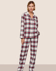 Model is wearing Flannel Long PJ Set  in Tartan Plaid Ivory/Holly Red