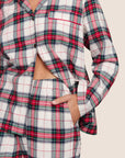 Model is wearing Flannel Long PJ Set  in Tartan Plaid Ivory/Holly Red