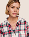 Model is wearing Flannel Long PJ Set  in Tartan Plaid Ivory/Holly Red