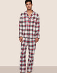 Model is wearing Men's Flannel Long PJ Set  in Tartan Plaid Ivory/Holly Red