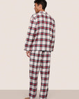 Model is wearing Men's Flannel Long PJ Set  in Tartan Plaid Ivory/Holly Red