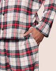 Model is wearing Men's Flannel Long PJ Set  in Tartan Plaid Ivory/Holly Red