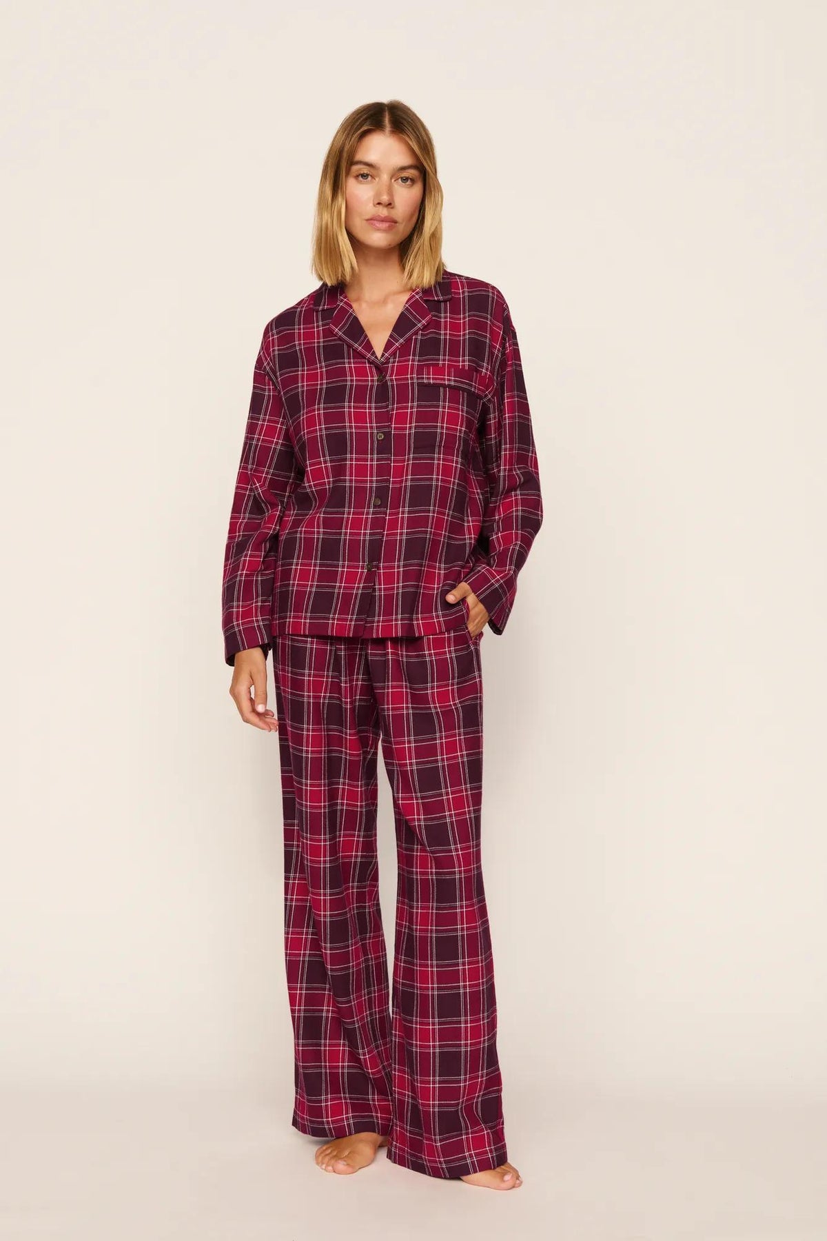 Model is wearing Flannel Long PJ Set in Oxford Check Holly Red/Wildber