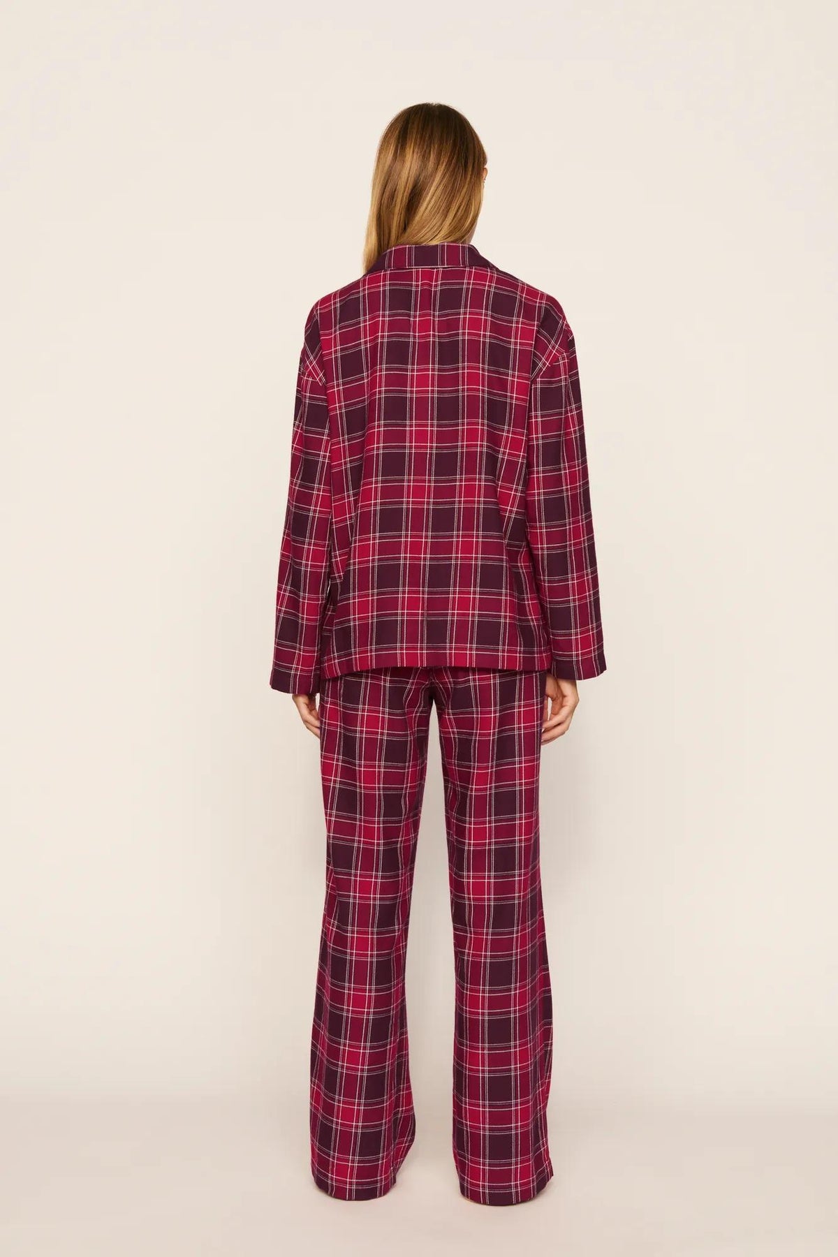 Model is wearing Flannel Long PJ Set in Oxford Check Holly Red/Wildber