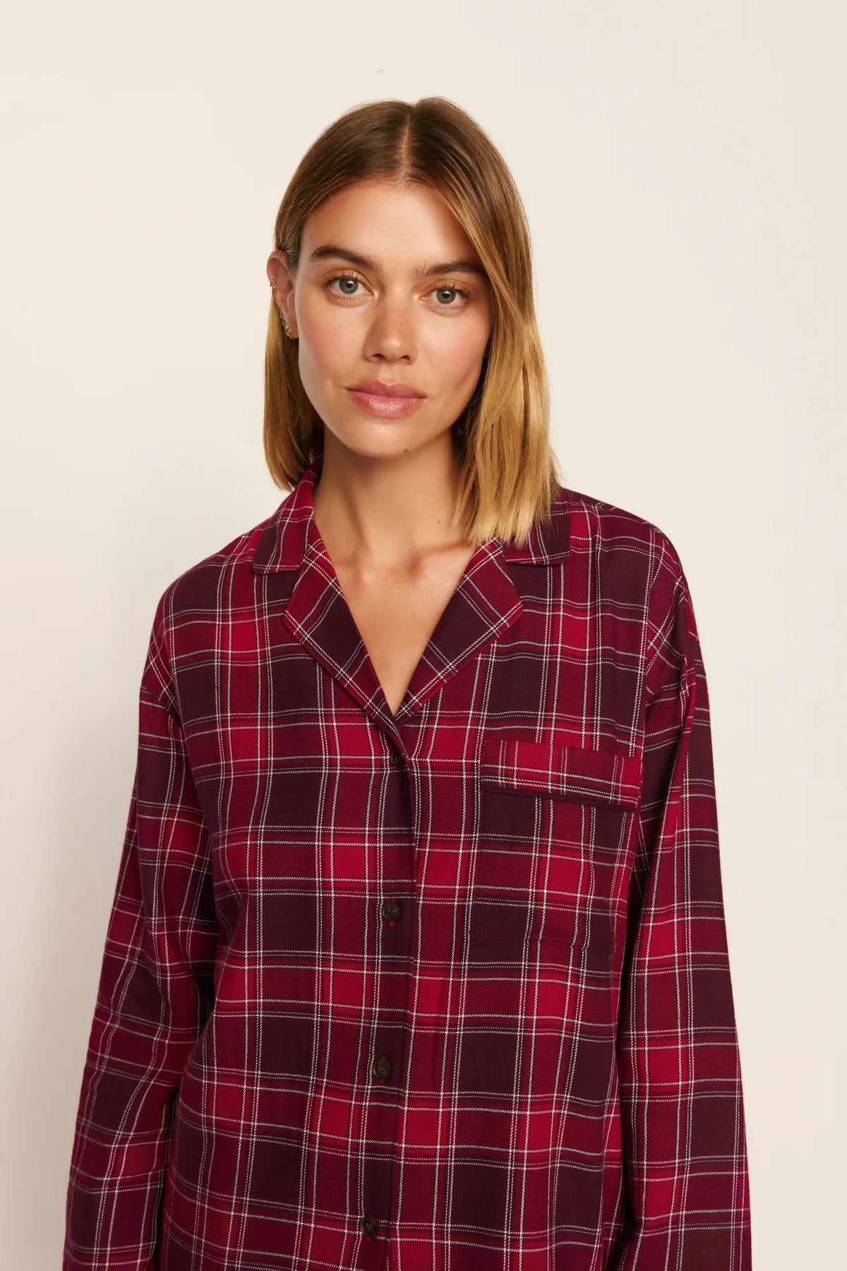 Model is wearing Flannel Long PJ Set in Oxford Check Holly Red/Wildber
