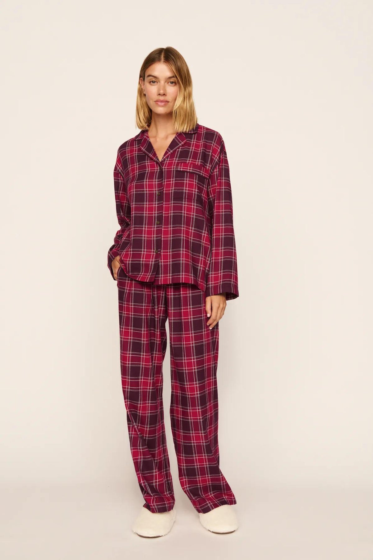 Model is wearing Flannel Long PJ Set in Oxford Check Holly Red/Wildber