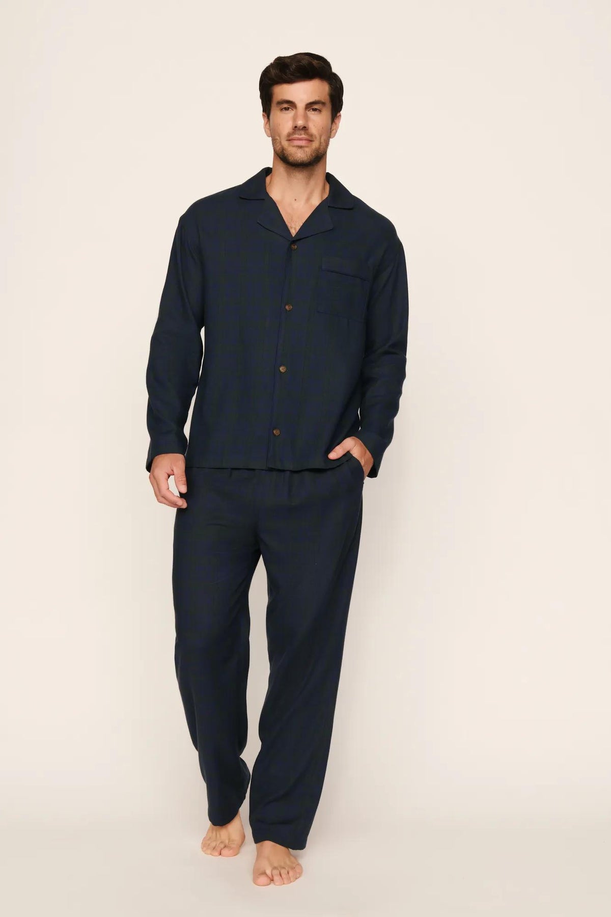 Model is wearing Flannel Men's Long PJ Set in Heritage Check Navy/Navy