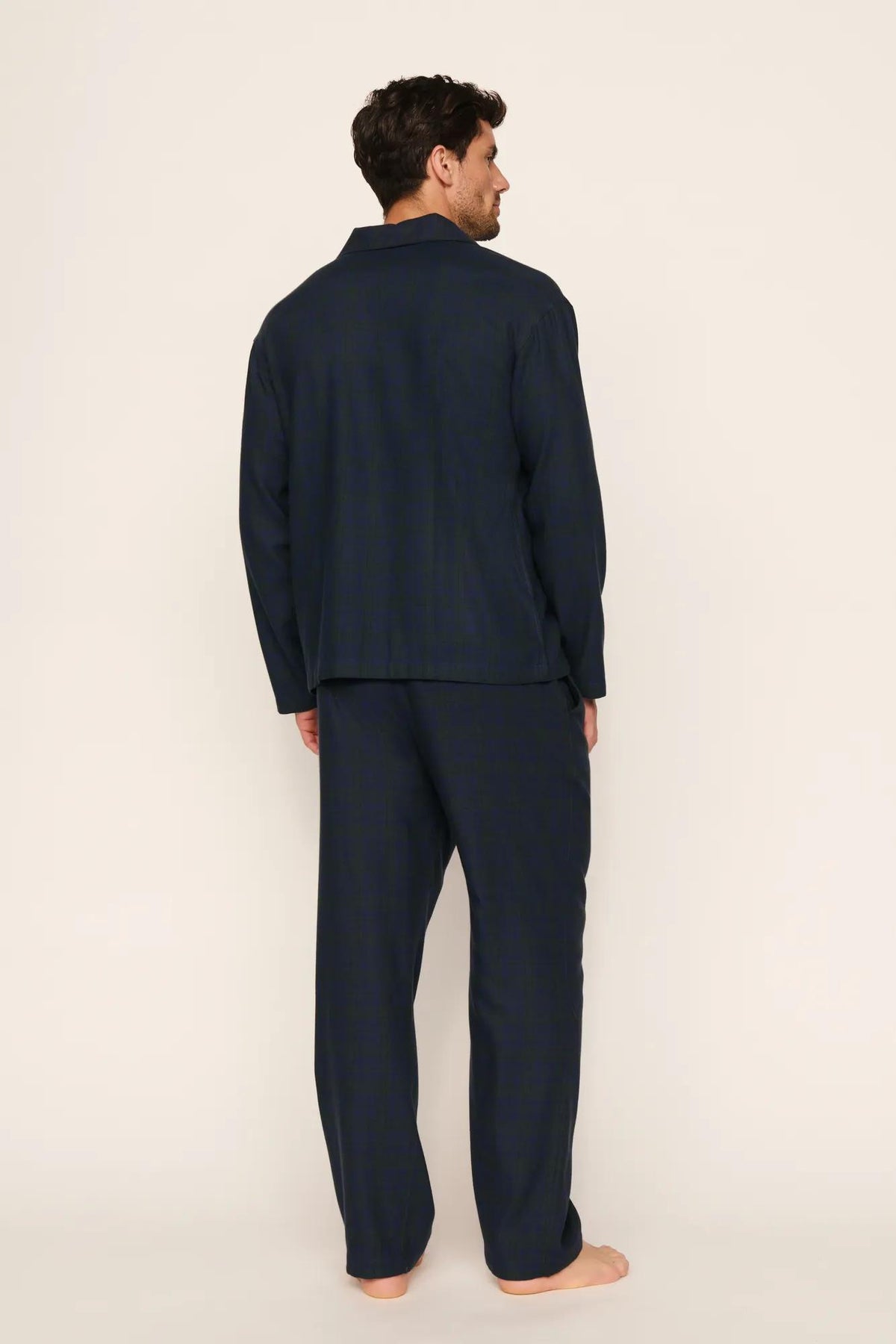 Model is wearing Flannel Men's Long PJ Set in Heritage Check Navy/Navy