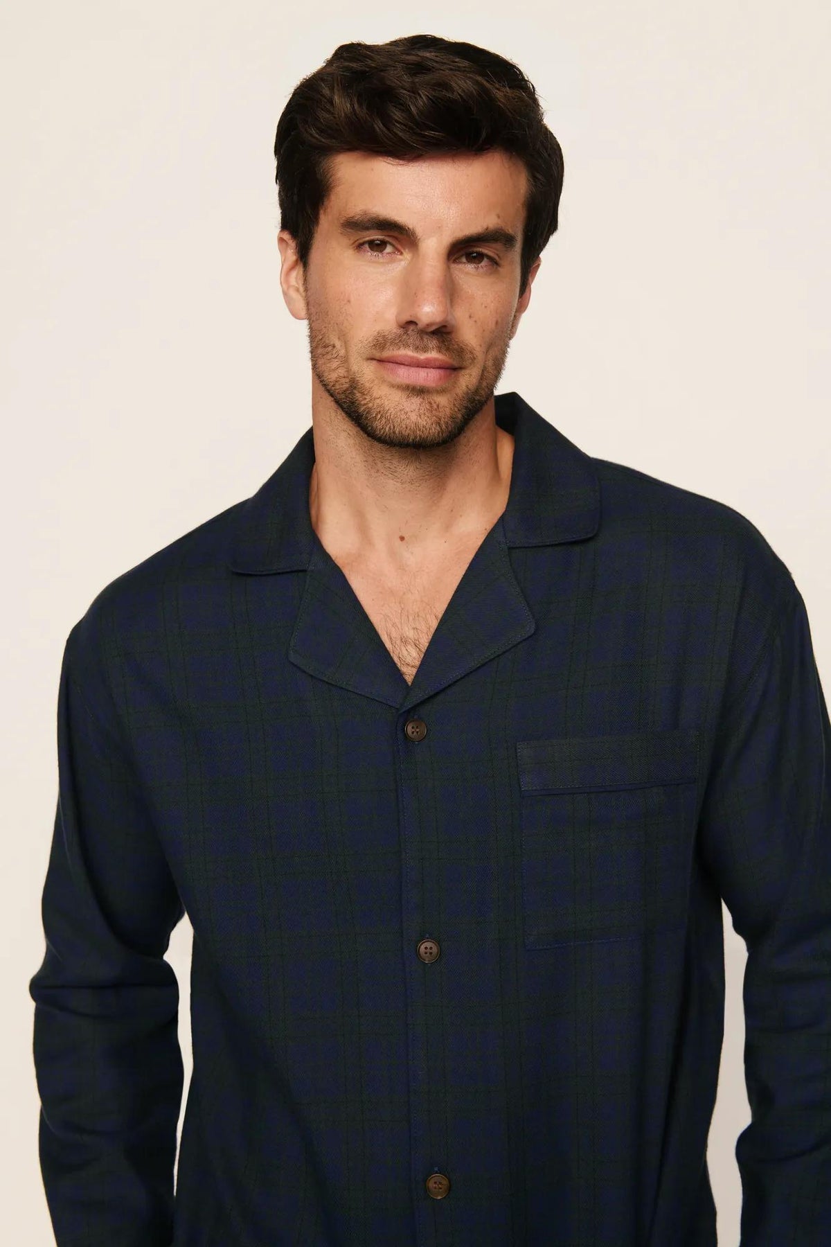 Model is wearing Flannel Men's Long PJ Set in Heritage Check Navy/Navy