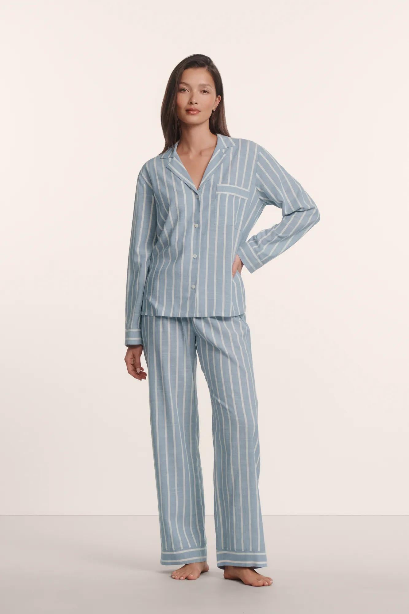 Model is wearing Nautico Long PJ Set in Classic Stripe Slate Blue/Ivory