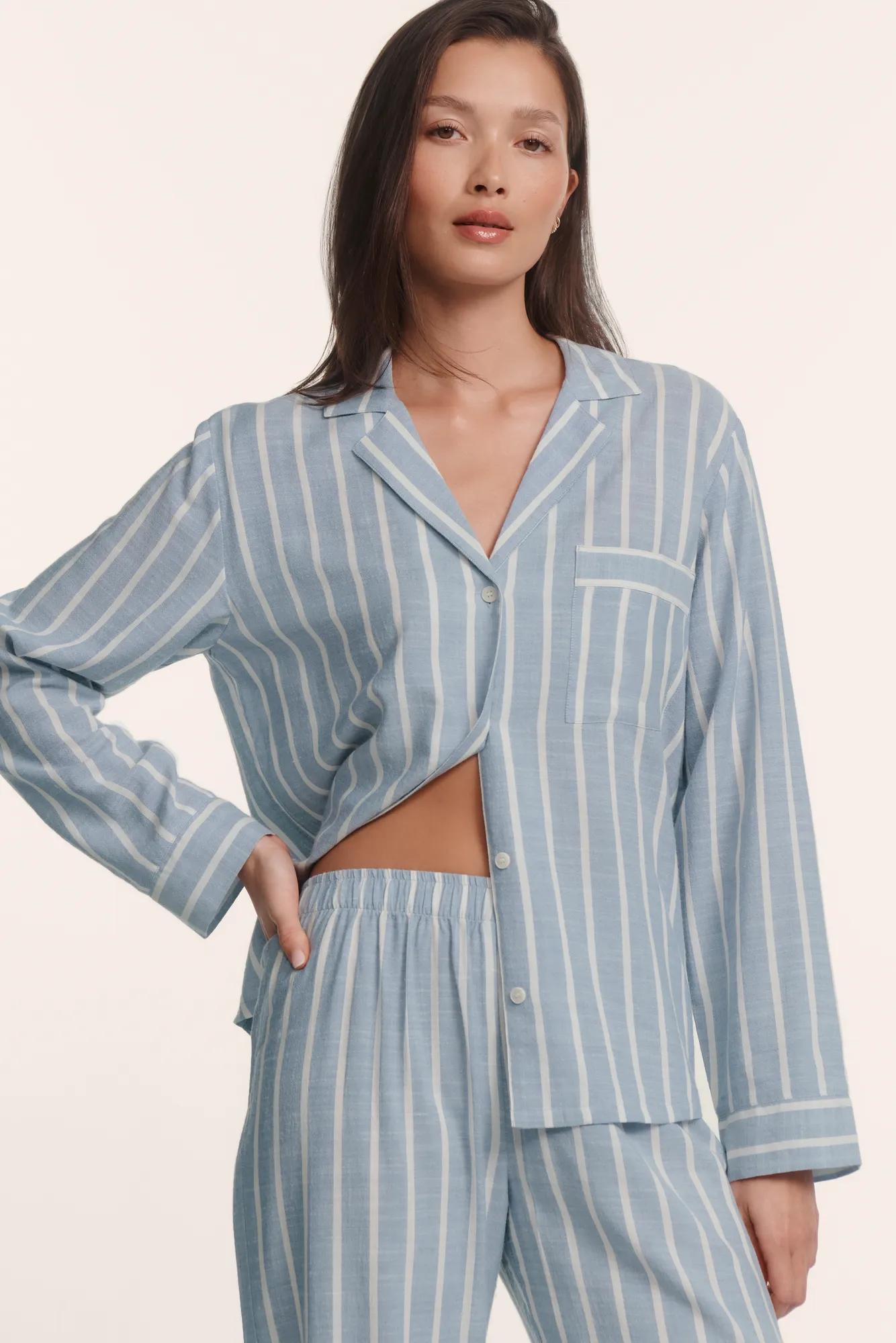 Model is wearing Nautico Long PJ Set in Classic Stripe Slate Blue/Ivory
