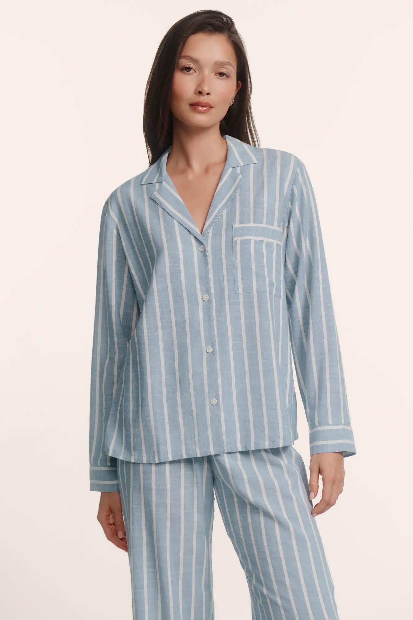 Model is wearing Nautico Long PJ Set in Classic Stripe Slate Blue/Ivory