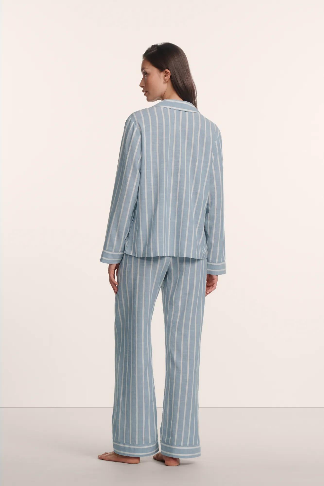 Model is wearing Nautico Long PJ Set in Classic Stripe Slate Blue/Ivory