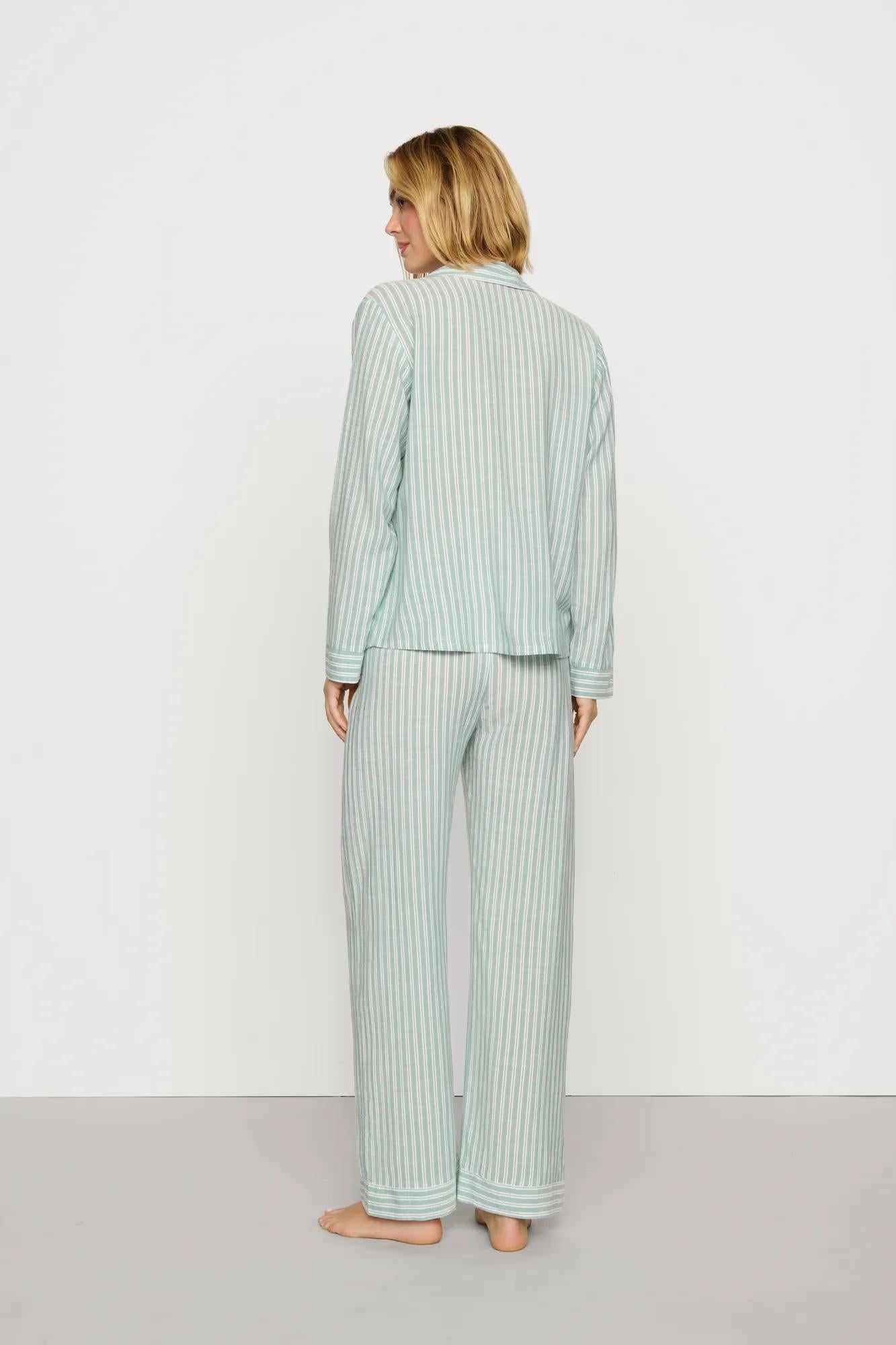 Model is wearing Nautico Long PJ Set in Regatta Stripe Seagrass/White