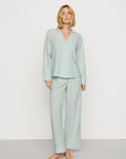 Model is wearing Nautico Long PJ Set in Regatta Stripe Seagrass/White